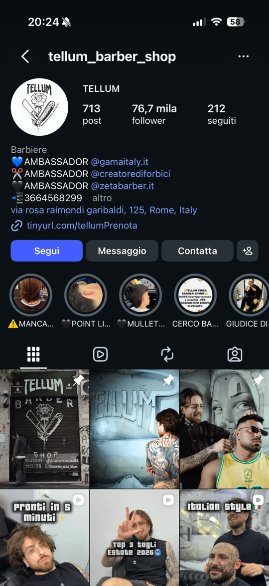 Screenshot del profilo Instagram cliente Tellum Barber Shop